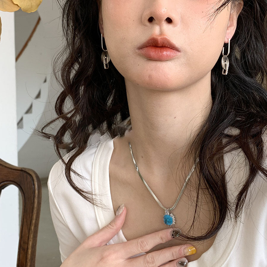Silver Needle Round Grain Jeweled Pendant Earrings