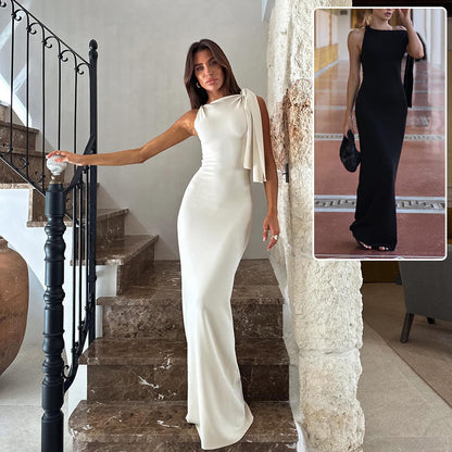 Vestido largo de cinta con un solo hombro, ajustado, sin mangas, para fiesta de noche, club, para mujer