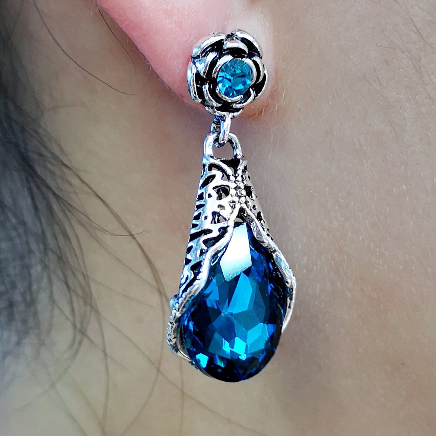 Rose Water Drop Flower Earrings Fashion Polo Peacock Blue Crystal