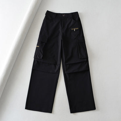 Pantalones cargo retro de cintura alta con múltiples bolsillos para mujer
