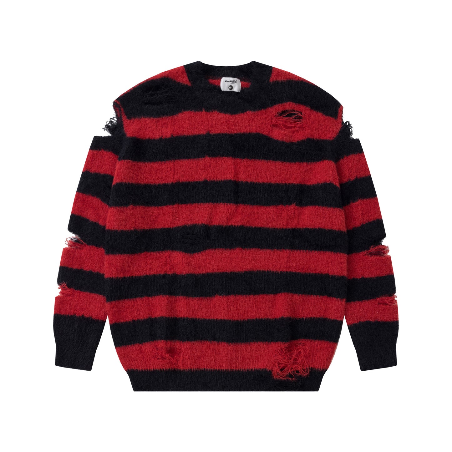 Men's And Women's Same Maychao Striped Round Neck Ripped Pullover Sweater