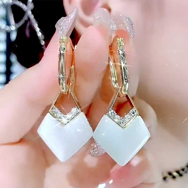 Irregular Opal Rhombus Zircon Earrings