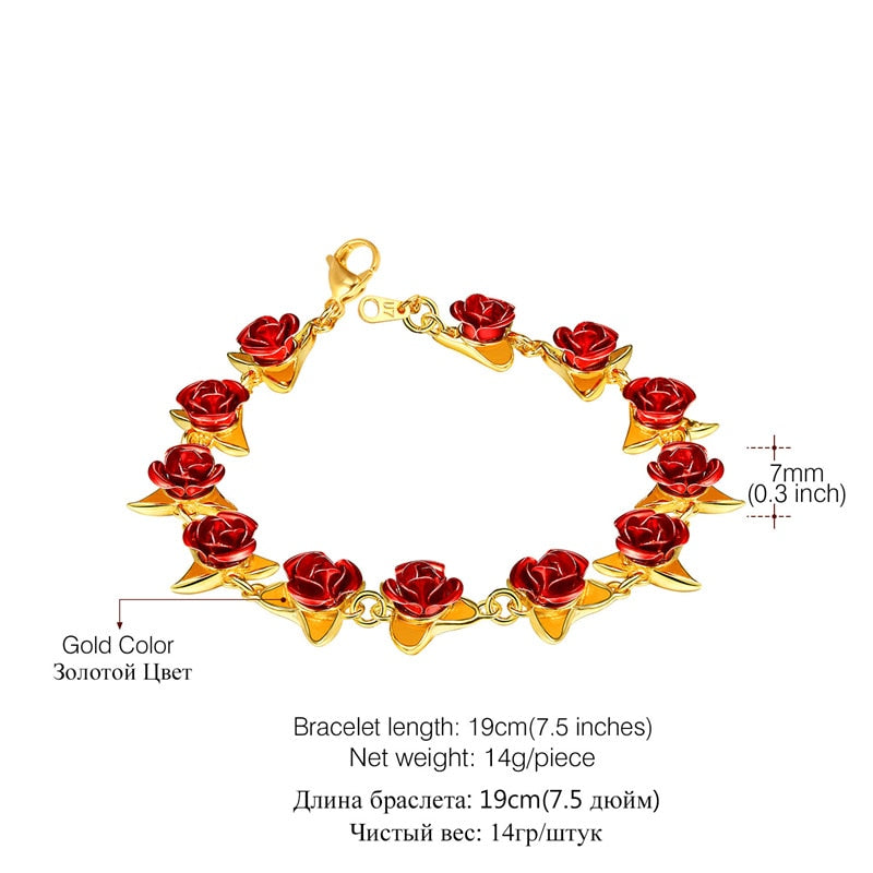 U7 Bracelet Red Rose Flowers Wrist Chain Charm Mother's Day Gift For Women Wedding Party Jewelry Bridesmaid Bracelets