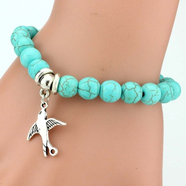 Vintage Boho Charm Bracelets Bangles Women Natural Stone Tree of Life Elephant Owl Pendant Bead Bracelet Men Jewelry