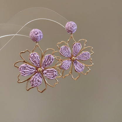 Pendientes colgantes de flores de tela con aguja de plata para mujer
