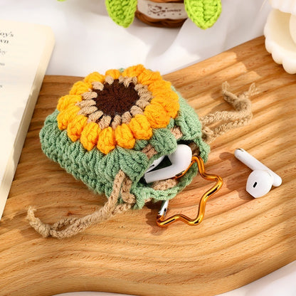Bolso para auriculares con diseño de girasol tejido a mano en lana con colgante terminado