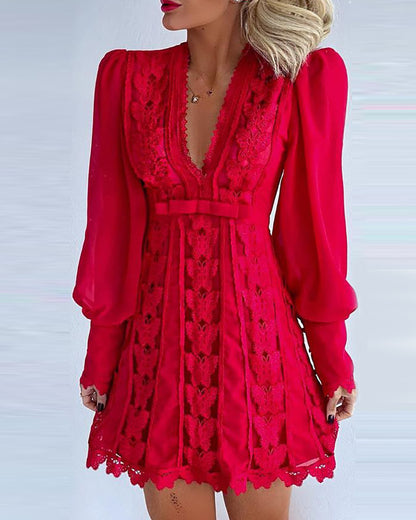 Vestido blanco elegante, sexy, con escote en V, de encaje y mangas largas abullonadas, estilo mariposa para mujer