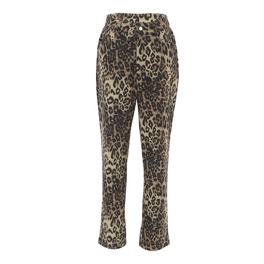 Leopard Print High Waist Straight Pants Retro Smart Trousers Women