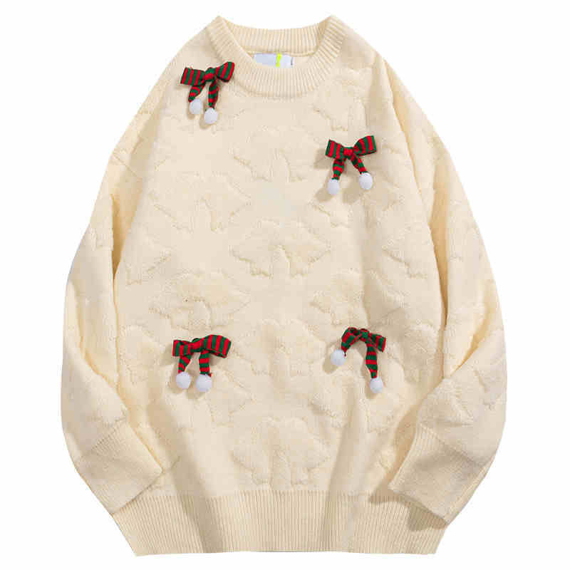 Bowknot Flocking Three-dimensional Decoration Couple Christmas Sweater
