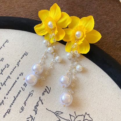 Pendientes colgantes de flores de tela con aguja de plata para mujer