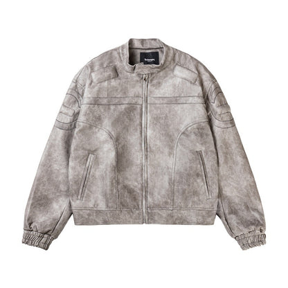 Chaqueta de cuero sintético jaspeado con cuello alto para motocicleta