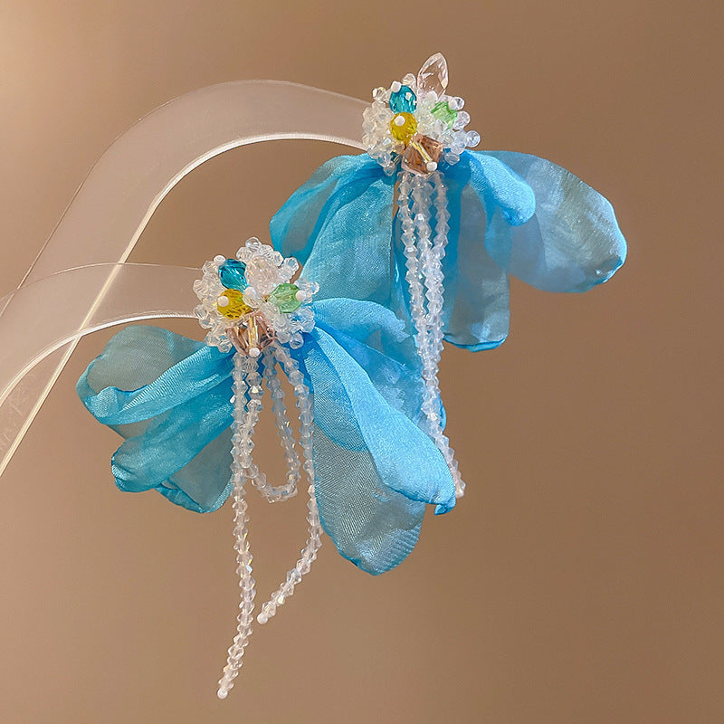 Silver Needle Fabric Flower Pendant Earrings For Women