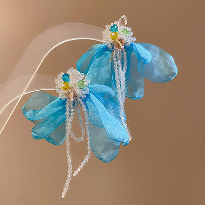 Pendientes colgantes de flores de tela con aguja de plata para mujer