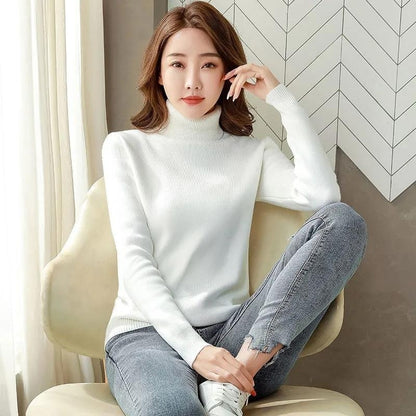 Suéter de invierno con cuello de tortuga para mujer, elegante, grueso y cálido, jersey de punto básico suelto para mujer