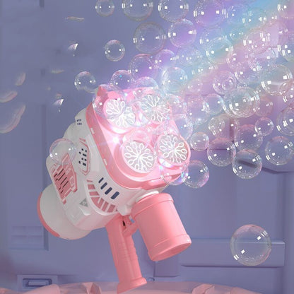 Pistola de burbujas, cohete, máquina de burbujas de jabón, lanzador espacial eléctrico que sigue produciendo burbujas con luz LED.