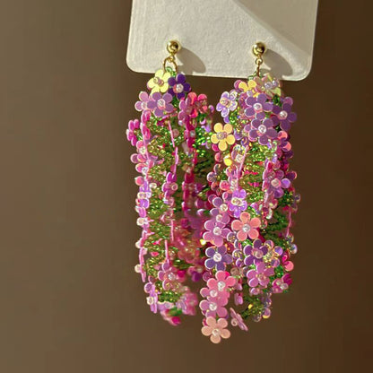 Pendientes colgantes de flores de tela con aguja de plata para mujer