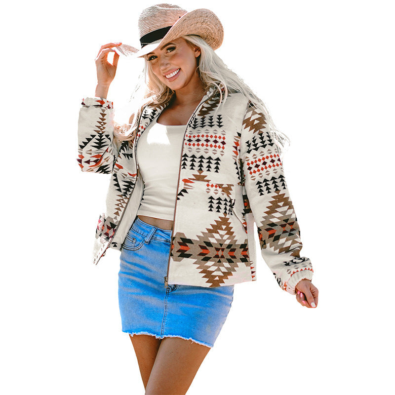 Geometric Print Stand-up Collar Jacket