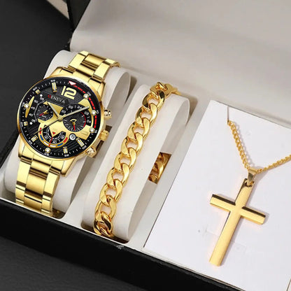 Reloj de pulsera de acero con calendario único y tres ojos para hombre, estilo empresarial, con pulsera cruzada