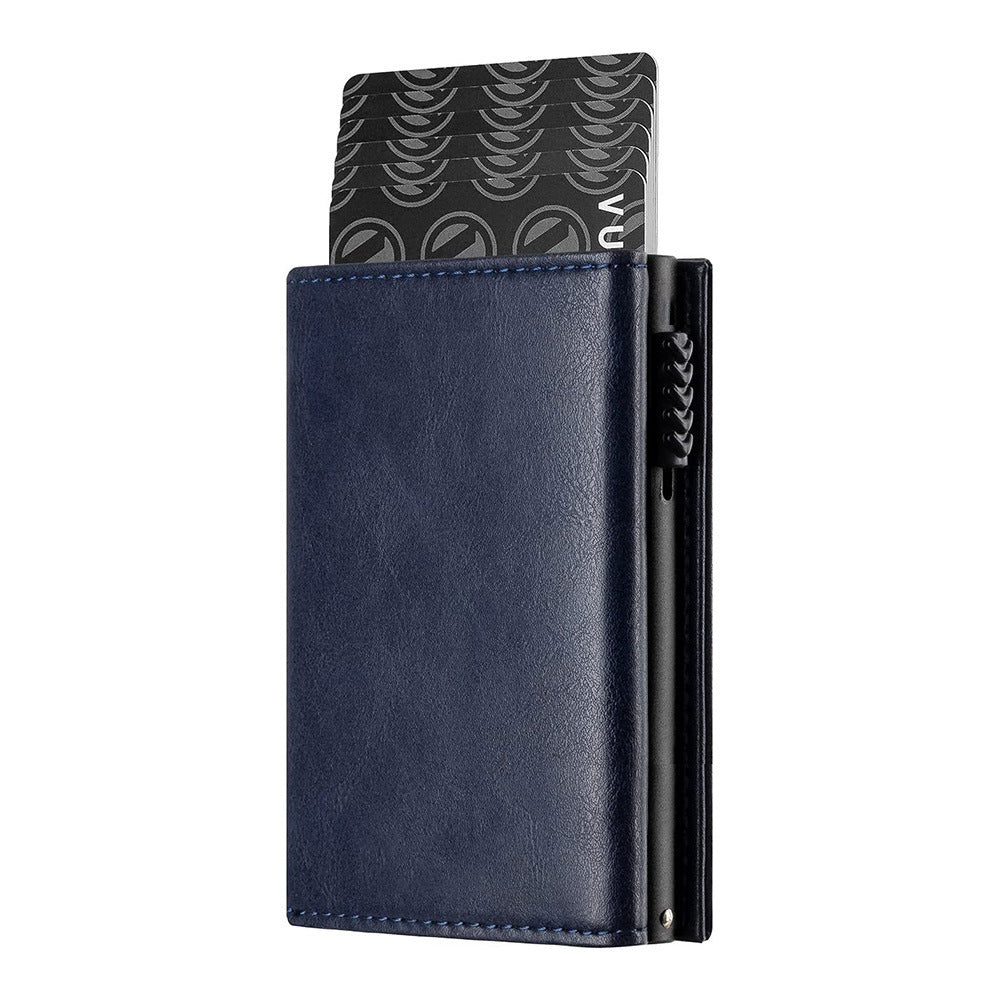 Oil Wax Leather Aluminum Alloy Automatic Pop-up Cassette Multi-function Large Capacity Metal Wallet