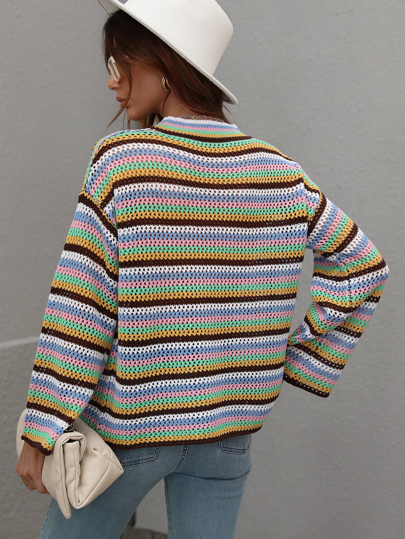 European And American Stitching Knitwear Women's Loose Cross-color Foreign Trade Round Neck Striped Sweater Women