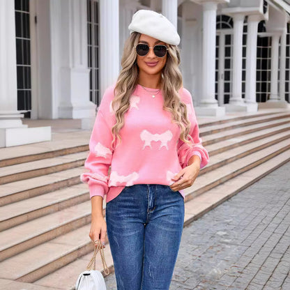 Damen Rundhals Langarm Strickwaren Schleife