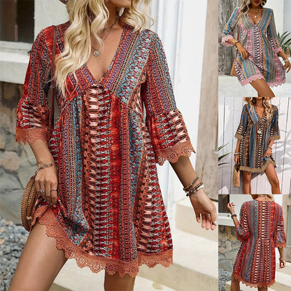 Vestido bohemio con cuello en V, estampado, informal, holgado, para playa, para mujer