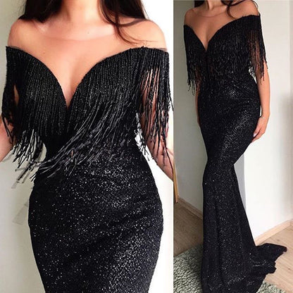 Modelos de explosión sexy lentejuelas negras cuello en V sin mangas vestido ajustado falda larga