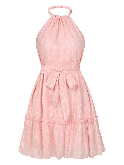 Vestido de verano de color liso con cuello halter y encaje informal con lazo en la cintura para mujer, nueva moda para vacaciones y playa.