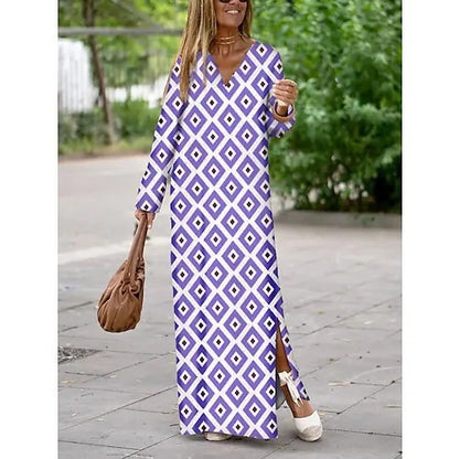 Vestido largo de verano con cuello en V y estampado geométrico, manga larga y aberturas para mujer