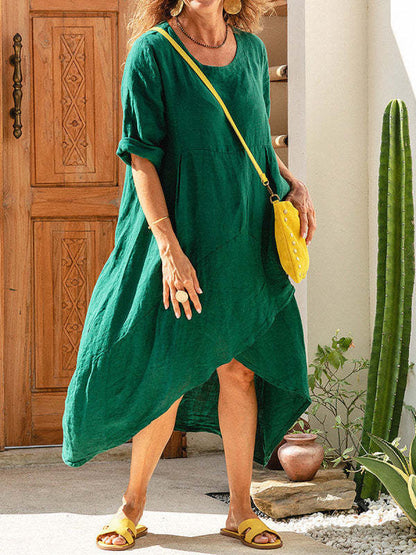 Vestido largo holgado informal de verano con bolsillos y cuello alto para mujer, estilo retro