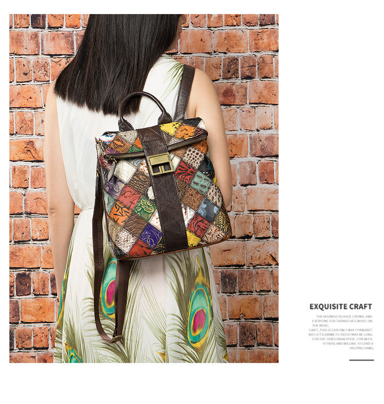Cowhide Ethnic Stitching Backpack