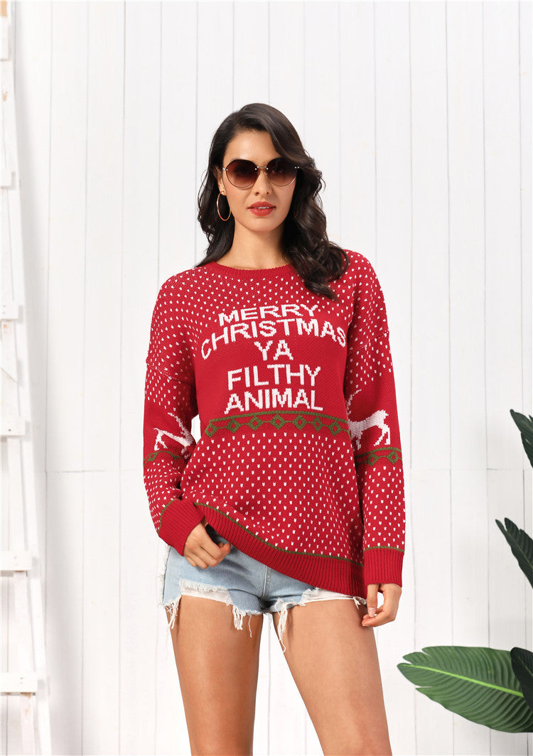 Women's Clothing Amazon Hot Knitwear Letter Deer Loose Plus Size Mid-length Sweater