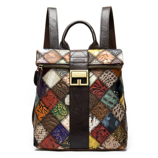 Cowhide Ethnic Stitching Backpack