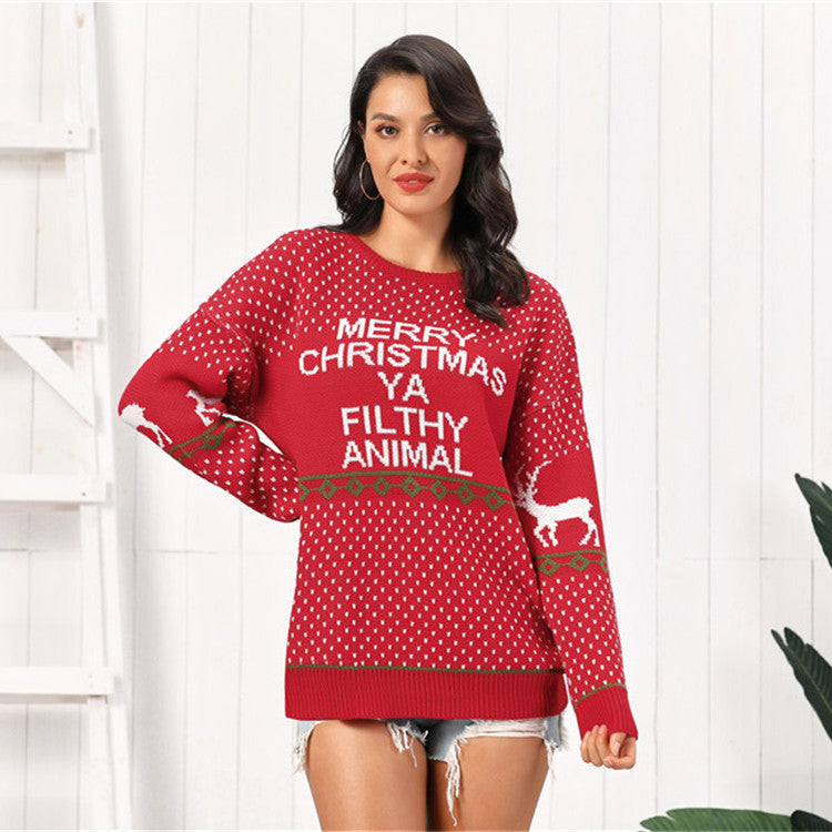Women's Clothing Amazon Hot Knitwear Letter Deer Loose Plus Size Mid-length Sweater