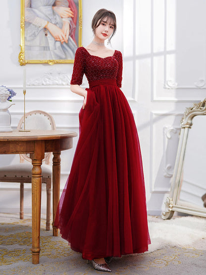 Vestido de noche de compromiso rojo vino con espalda descubierta y manga larga para mujer
