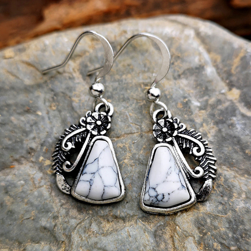 Retro Creative Feather Leaf Eardrops Flower White Turquoise Earrings