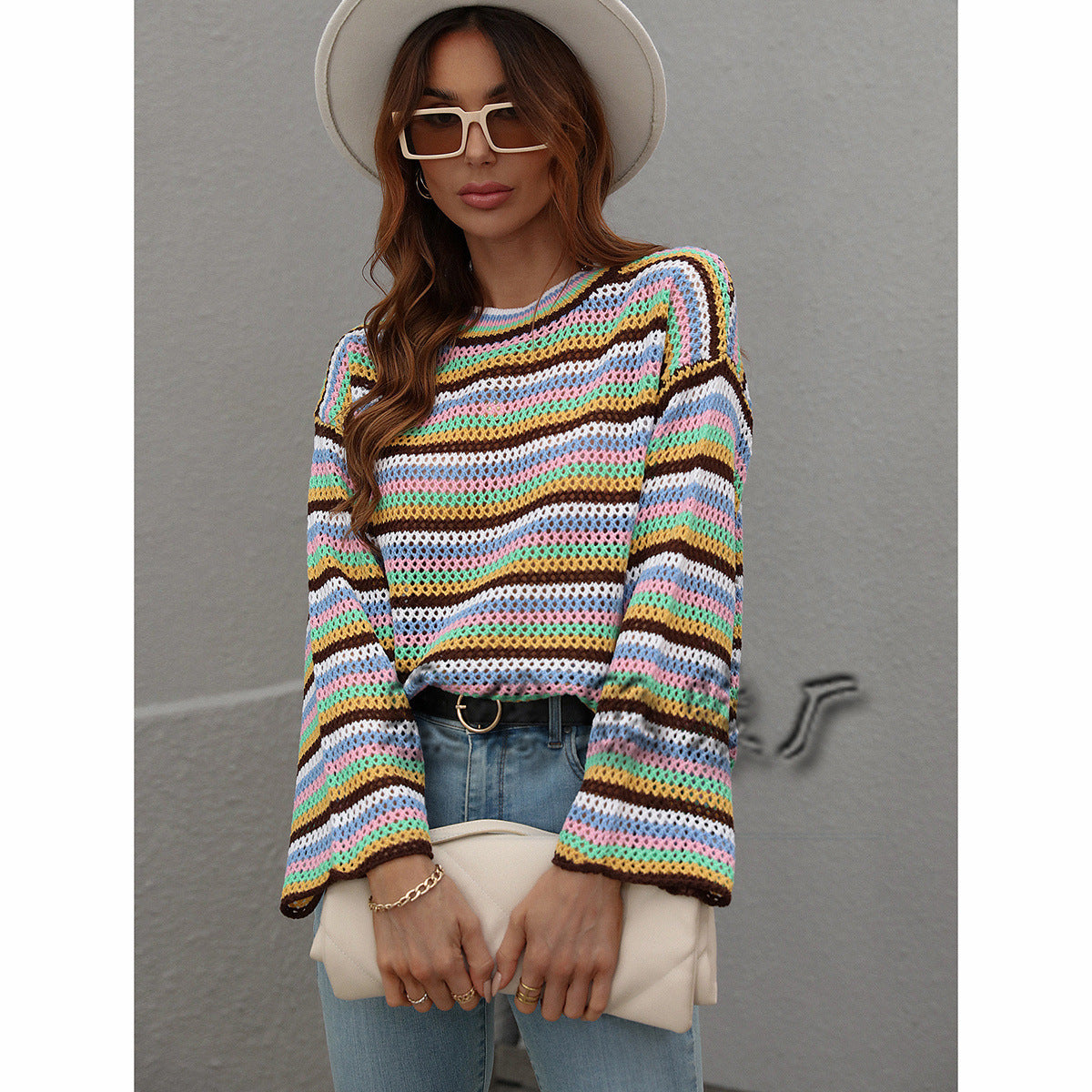 European And American Stitching Knitwear Women's Loose Cross-color Foreign Trade Round Neck Striped Sweater Women