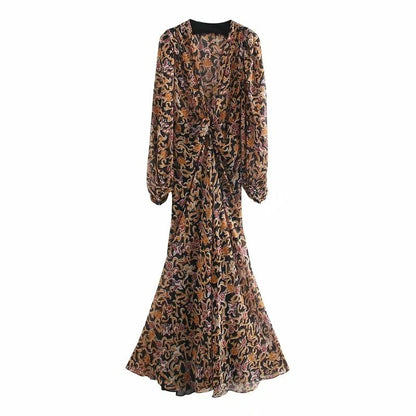 Za Vestidos de mujer Floral Retro Estampado Cuello en V Mangas largas Vestido de tul Mujer Vintage Goth Vestido largo