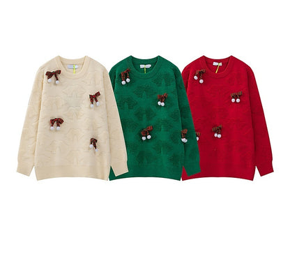 Bowknot Flocking Three-dimensional Decoration Couple Christmas Sweater