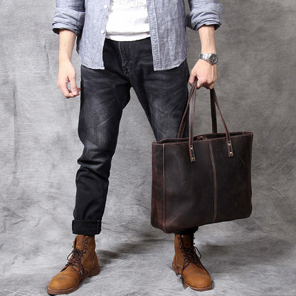 Bolso de mano sencillo retro de piel de vaca de primera capa y gran capacidad para hombre