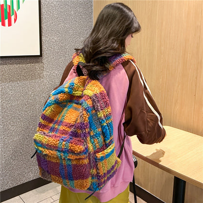 Niche – Retro-Rucksack aus Plüsch mit Karomuster und neuer Lammwolle