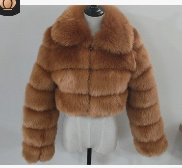 Chaqueta ligera de lujo para mujer con solapa de imitación de piel de zorro y manga larga con costuras