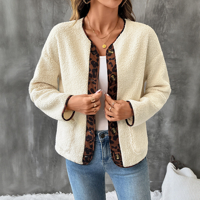 Women's Leopard Print Contrast Color-side Cardigan Thickened Polar Fleece Jacket