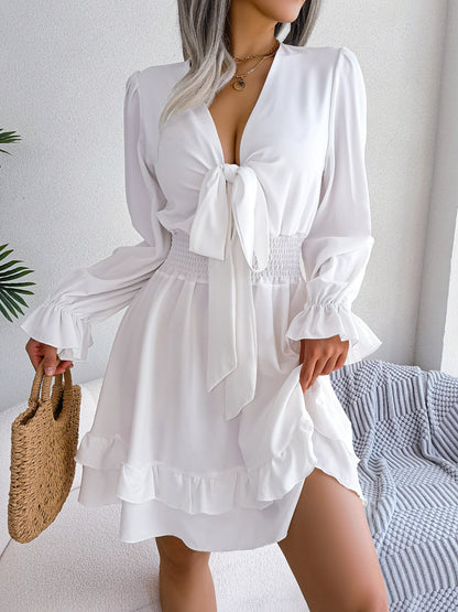 Vestidos de verano de color liso con escote en V y manga larga para mujer, vestido sexy de corte A con cuello en V y cordones, vestido de playa para mujer