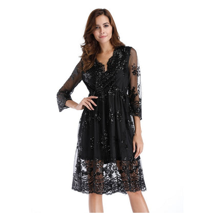 Simplee V langen hals party kleider frauen sexy mesh streetwear Weihnachten MIDI kleid weibliche herbst kleid 