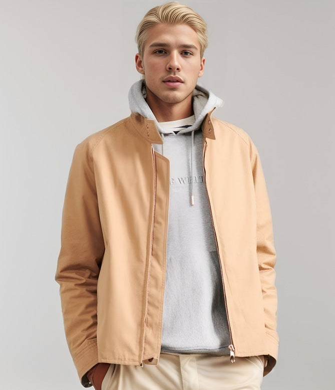 Stand Collar Zipper Solid Color Jacket Coat