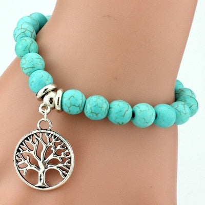 Pulseras vintage bohemias con dijes, brazaletes para mujer, piedra natural, árbol de la vida, elefante, búho, colgante, pulsera de cuentas, joyería para hombre 