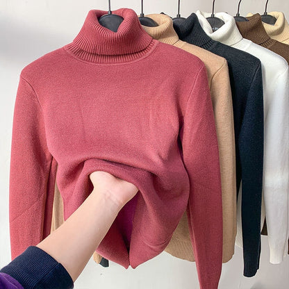 Suéter de invierno con cuello de tortuga para mujer, elegante, grueso y cálido, jersey de punto básico suelto para mujer
