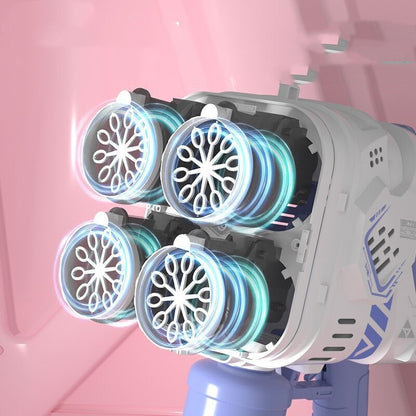 Pistola de burbujas, cohete, máquina de burbujas de jabón, lanzador espacial eléctrico que sigue produciendo burbujas con luz LED.