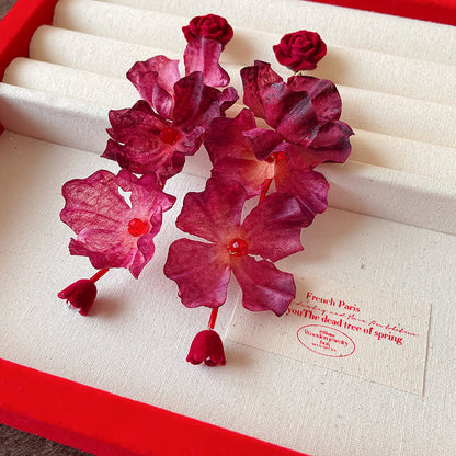 Pendientes colgantes de flores de tela con aguja de plata para mujer